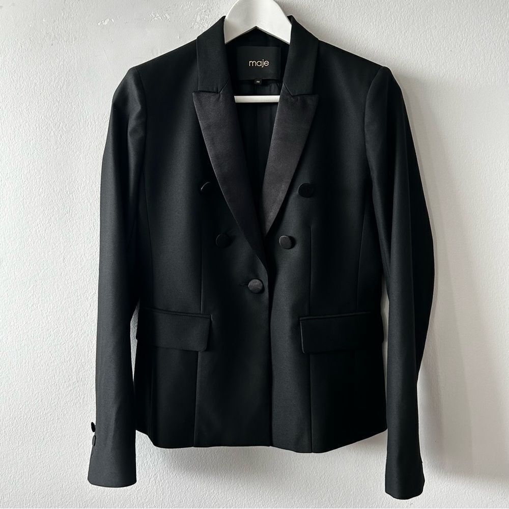 Maje Black Double-Breasted Satin Lapel Blazer